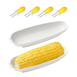 Ceramic Corn Cob Holders, 9" Corn on the Cob Dishes Set of 2, White Corn Cob Dishes with Non-Slip Bottom, With 4 Corn Cob Holders, Microwave Dishwasher Oven Safe