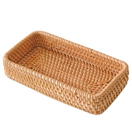 Rattan Serving Tray, Small Rectangle Woven Tray, Natural Wicker Decorative Serving Baskets for Keychain, Woven Coffee Tray Decorative Trays for Remote Control (Just Include One Small Tray)