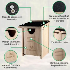 MOONITY Large Premium Cedar Owl House - 16" x 12" x 11" Weatherproof Nesting Box for Screech, Kestrel & More – Durable, Safe & Easy to Install