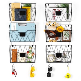 Hanging File Holder Wall File Organizer Holder, 6 Pockets Wall Mount Vertical Magazine Rack with Hooks for Office Home, Black