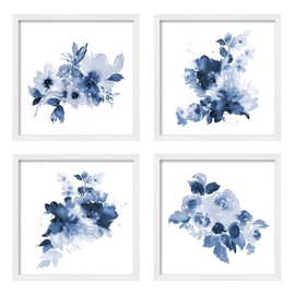 ArtbyHannah Framed Bathroom Wall Decor, Navy Blue Wall Art with White Frame and Watercolor Floral Prints Pictures for Kitchen Bedroom Home Decorations (4 Pack, 10x10 Inch)