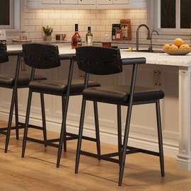 GarveeHome Counter Height Bar Stools Set of 2 with Arms, 26 in Upholstered Modern Bar Stools Set with Wood Back & Footrest for Kitchen Island, Counter Bar, Wider Seat, Easy Assembly, Retro Brown