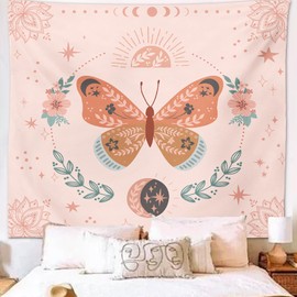 Avinyl Pink Butterfly Tapestry for Teen Girl Bedroom Aesthetic, Boho Cut Moth Tapestries Wall Hanging for Room Decor, Bohemian Mandala Floral Art Tapestry for Living Room Dorm 51in X 60in