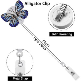 2Pcs Fashion Retractable Badge Reel, Bling Diamond Nurse Badge Holder Reels with Swivel Alligator Clip for Teachers Students Employees Identification Badges (Crystal Blue and Pink Butterfly)