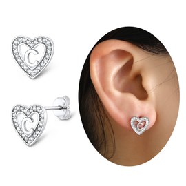 SILVERCUTE Alphabet Letter Stud Earrings S925 Stamped Hypoallergenic Sterling Silver Heart Earrings CZ Diamond Accented Initial H Earrings for Women