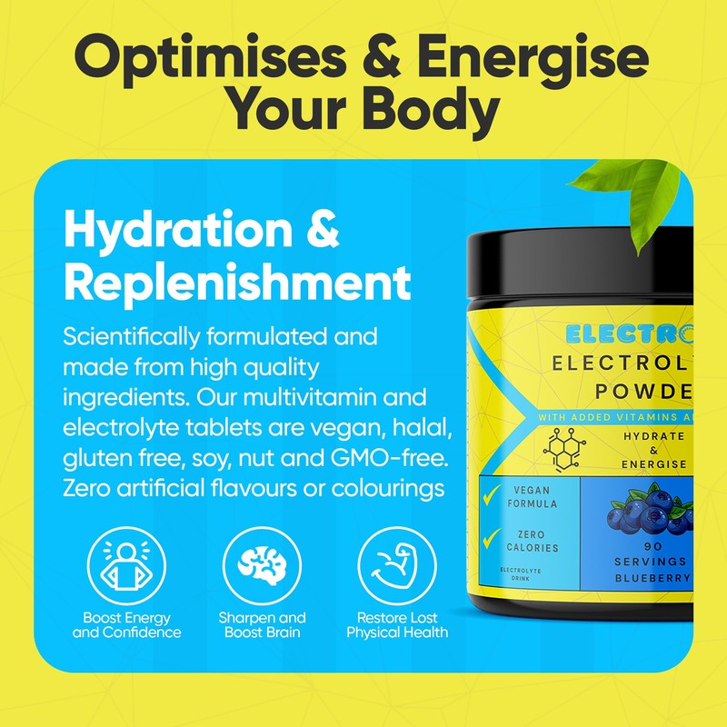 Electro-Hi Electrolyte Powders - Blueberry Flavour Ultimate Hydration with Keto-Friendly,