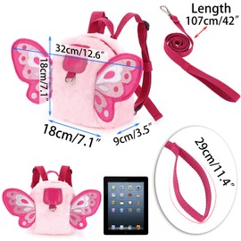 BTSKY Fluff Butterfly Baby Toddler Backpack Bag with Safety Rein - Kids Walking Harness Anti-Lost Harness Leash Strap Belt, Pink