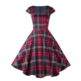 PUKAVT Women's Cocktail Party Dress Cap Sleeve 1950 Retro Swing Dress with Pockets Red Plaid S