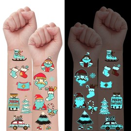 Konsait Glow in the Dark Christmas Temporary Tattoos for Kids Adult, Luminous Xmas Fake Tattoos Snowman Metallic Tattoos Christmas Party Favors Christmas Stocking Stuffers