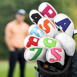 Golf Iron Cover Magnetic Wedge Cover Club Head Cover Set 10 pcs (4-9,P,A,S,X) Double Sided Colorful Number, White Synthetic Leather