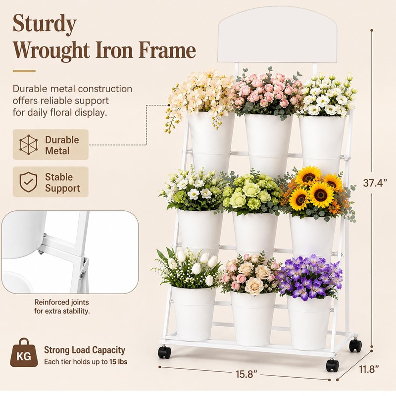 3-Tier Metal Flower Cart Display Stand with 9 Buckets, Flower