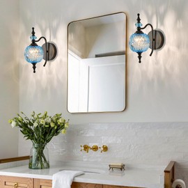TLOLGT Vintage Wall Sconces with Black Finish Bathroom Blue Wall Light Fixtures with Crystal Glass Shade for Bedroom Living Room Kitchen Hallway