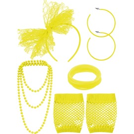Blulu 80s Fancy Dress Costume Accessories Lace Headband Earrings Fishnet Gloves Necklace Bracelet for 80s Retro Party (Yellow)