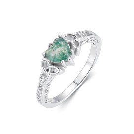 PROESS Celtic Knot Moss Agate Ring for Women 925 Sterling Silver Irish Trinity Knot Jewelry Promise Engagement Ring for Women Anniversary Birthday Gifts Size 6