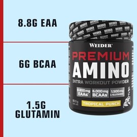 Weider WEIDER Premium Amino Intra Workout Drink mit EAA/ BCAA Aminosäure Komplex hochdosiert, mit L-Glutamin, Elektrolyten und Dextrin, Tropical, 800g