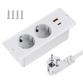TANXIS Tischplatte Versenkbare Steckdose mit 1 USB und 1 Type-C, Einbausteckdose Steckdosenleiste mit 2m Kabel, Tischsteckdose Doppelstecker f1r Tischplatte oder Arbeitsfl?chen - Wei?
