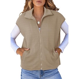Dokotoo Womens Vests 2025 Fall Turn-down Collar Zipper Up Cap Sleeve Tops Pockets Waffle Knit Solid Color Oversized Outerwear Vest Khaki Small