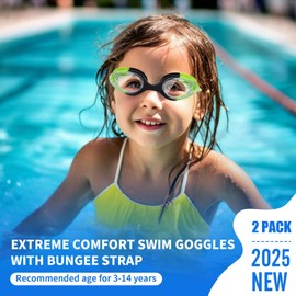 Risipu Kids Swimming Goggles 2 Pack | Bungee Strap No Hair Pulling | Anti Fog & Leak-Proof Design | Toddler Goggles with Quick Adjust | for Ages 3-14 (Sky Blue, Black Green)