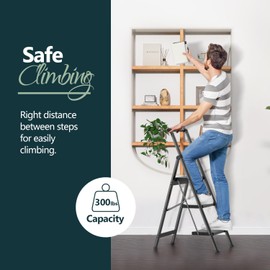 WOA WOA Step Ladder 3 Step Folding, Step Stool Foldable with Handle for Home, Sturdy Aluminum Kitchen Ladder, Lightweight to Move, Anti-Slip Feet, Wide Pedals, 330 lbs Capacity - Black