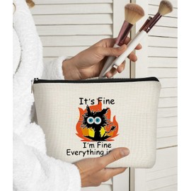 BARPERY Funny Cute Cat Makeup Bag,Its Fine Im Fine Everythings Fine,Black Cat Cosmetic Bag,Fire Keep Calm Small Pouch,Birthday Gift,Coworker Gifts,Cat Lover Gifts for Women