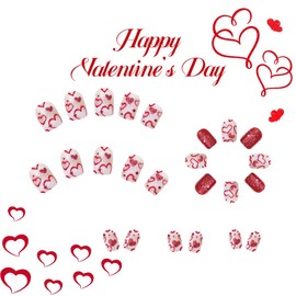 Red Heart Press on Nails Short Square Fake Nails Glitter Acrylic Nails with Glitter Glue on Nails Glossy Reusable Artificial False Nails for Women Girls Manicure 24Pcs