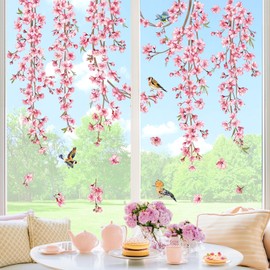 decalmile Window Sticker Cherry Blossom Hanging Window Decals Flowers Flowers Pink Birds on Branch Anti-Collision Window Film Glass Window Decoration Sticker