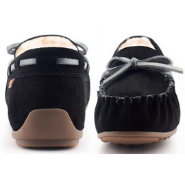 Parfeying Women's Sheepskin Moccasins Cow Suede Memory Foam Slippers Indoor Outdoor Shearling Winter Shoes,L20101 Black 7.5US