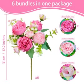 AUMVEYI 6 Pcs Peonies Artificial Flowers Bulk, Blush Pink Silk Peonies Fake Bouquet for Floral Centerpieces, Red Realistic Faux Peony Flower for Flower Arrangements Wedding Decoration vase