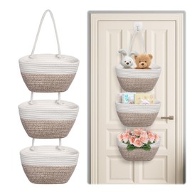 Door Hanging Basket 3 Animal Braided Cotton Rope Wall Mounted Storage Basket Decoration (White + Brown)