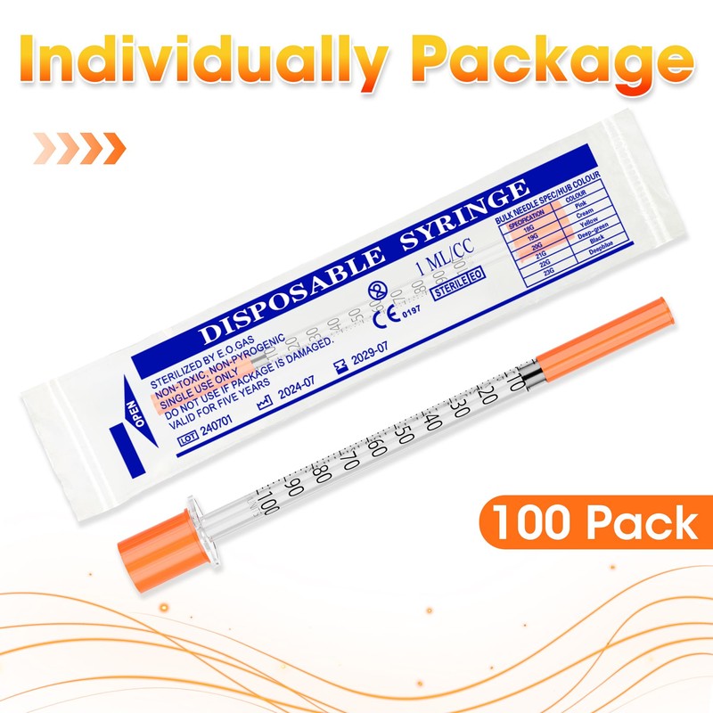 1cc Syringe 32G 1/4" 6mm, U-100 1ml Lab Syringes, Pack