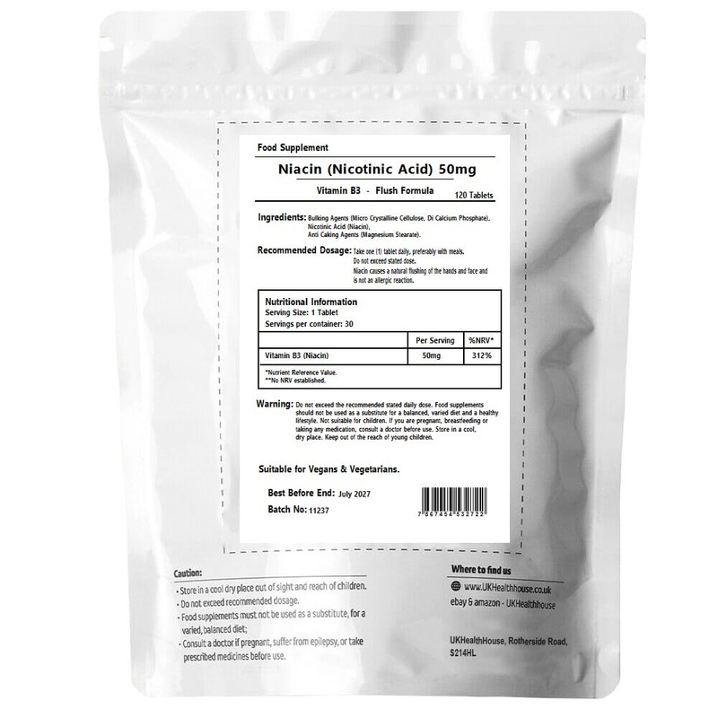 UKHealthHouse Vitamin B3 Niacin/Nicotinic Acid (Flush Effect) 50mg Tablets, 100%