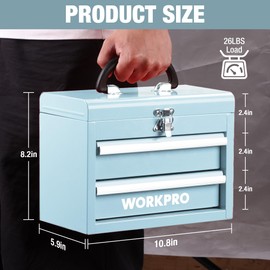 WORKPRO Portable Mini Tool Box, 2 Drawers Metal Tool Chest with Ball Bearing Slides, Top Storage and Lockable Latches, Ergonomic Carrying Handle, Mechanic Toolbox with PVC Liners and PP Feet Pads