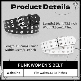 WQYILEAER 2 Pcs Black Studded Belt, Y2K Belt Star Goth EMO Punk Rock Double Grommet with Bright Pyramid Studded for Women Men (Star Grommet)