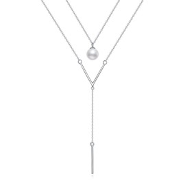 Pearl Lariat Layered Necklace 925 Sterling Silver V Layered Necklaces Jewelry for Women