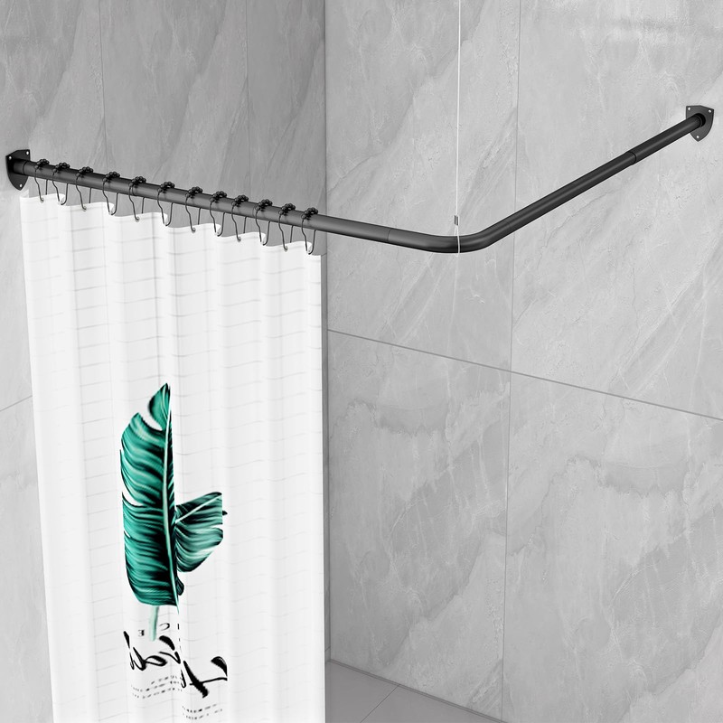 Yampos L Shaped Shower Curtain Rod with Unique Shield Base