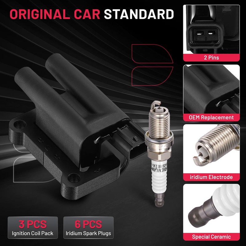 BDFHYK 3 Ignition Coil Pack UF196 and 6 Iridium Spark