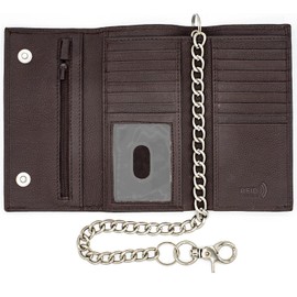 Long Trifold Leather Wallet for Men, Checkbook Cover, RFID Blocking chain wallet Card Slots, Zipper Coin Pocket - Biker Stainless Chain Design in the U.S.A (J212C-WC, Brown)