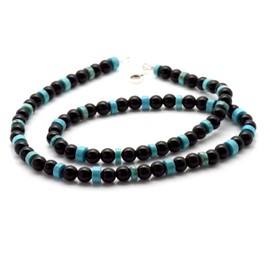 Onyx Necklace Black Bead and Turquoise 925 Sterling Silver Clasp Handmade (20" - 50.8cm)