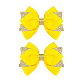 Koolgil 4-inch Glitter Hair Bow Clips Girls Sparkly Ribbon Bow Cheer Barrettes Alligator Hairpins for Baby Girls, Toddler, Kids and Teens Accessories Gift Set of 2 (Yellow)