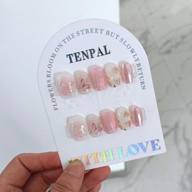 TENPAL Cute Sparkling 3D Butterfly Hand-Painted Florals Fake Nail Kit with Tools,Handmade Press on Nails Short Square, Aurora Glitter Pink Nails Press ons,Sweet Edgy Reusable False Nails for Women(L)