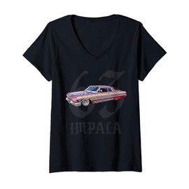 Womens 1963 Impala Low Rider Kustom Lead Sled Custom Hot Rod Muscle V-Neck T-Shirt
