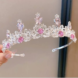 YOVEKAT Rhinestone Princess Tiara Headband Bridal Wedding Party Crown Headband (Pink)