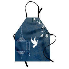 Lunarable Romantic Apron, French Style Love Theme Bird Cage and Dove Flying out with Swirls, Unisex Kitchen Bib with Adjustable Neck for Cooking Gardening, Adult Size, Blue Indigo