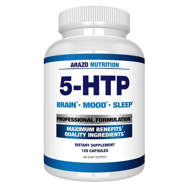 Arazo Nutrition 5-HTP 200 MG Plus Calcium for Mood, Sleep – Supports Calm and Relaxed Mood – 99% High Purity – 120 Capsules