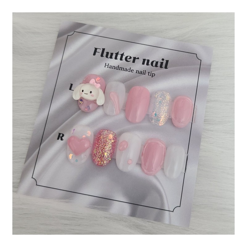 Pink rabbit heart handmade nail tip - Mediaval / 핑크