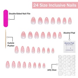 Chrome Press on Nails Short Almond SWEKKE Pink Fake Nails False Nails with Designs Flower Gradient Full Cover Glossy Glue on Nails Pink & White Acrylic Nails for Women Girls 30 Pcs