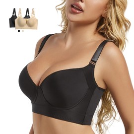 Reairtal Women's Push Up T-Shirt Bra Fashion Deep Cup Bra Padded Seamless Underwired Lift Up Bra Support Bra Black 34B