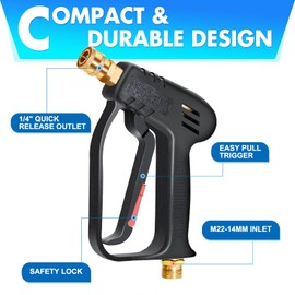 TOOLCY Short Pressure Washer Gun with 5 Nozzle Tips, 4000 PSI 7 GPM High Power Washer Spray Gun, 1/4” Quick Connector Coupler, M22 14mm Inlet and M22 15mm Adapter Compatible with Foam Cannon