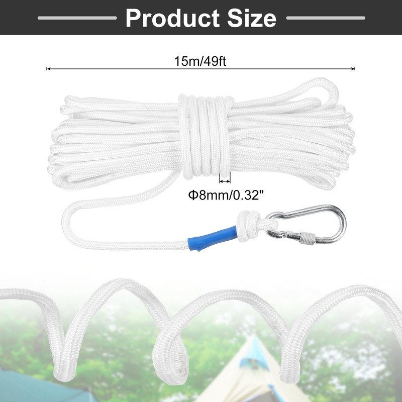 Rebower Nylon Anchor Rope with Hook,5/16"x49ft Hollow Braided Polypropylene Rope