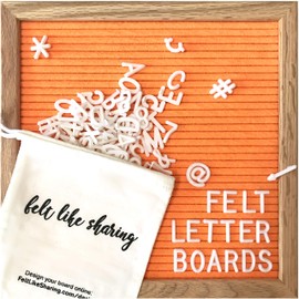 Neon Orange Felt Letter Board 10x10 inches. Changeable Letter Boards Include 300 White Plastic Letters & Oak Frame.